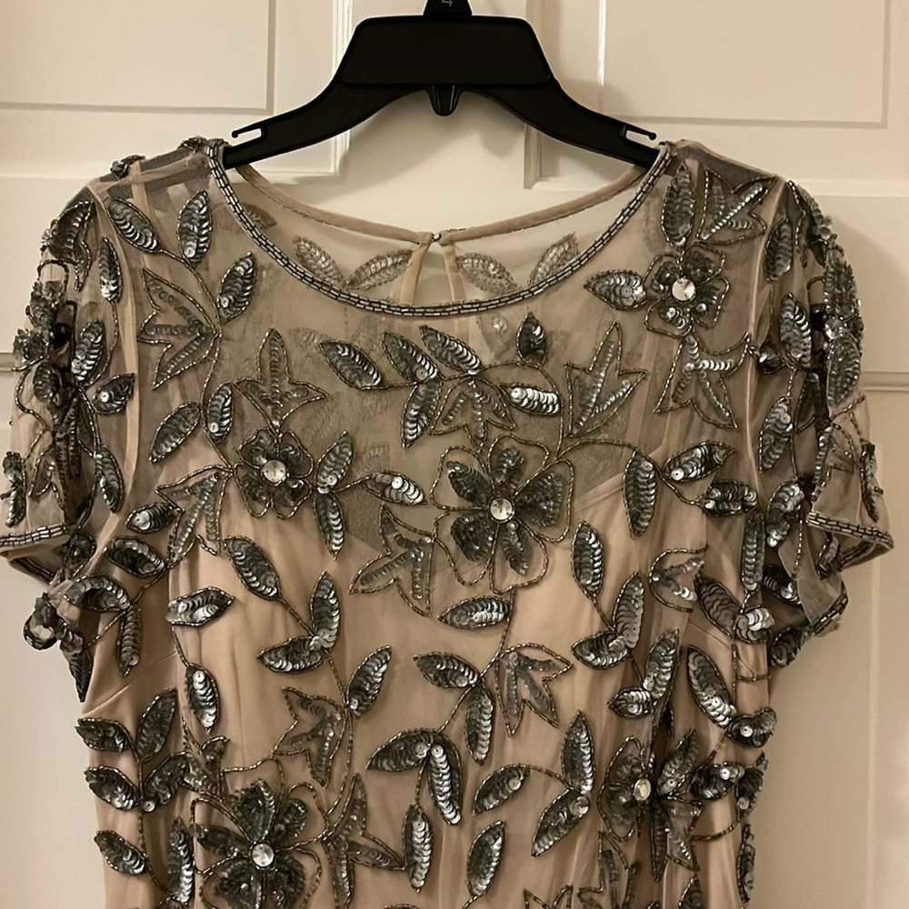 Formal Adrianna Papell, sequined taupe and silver floral, full length dress